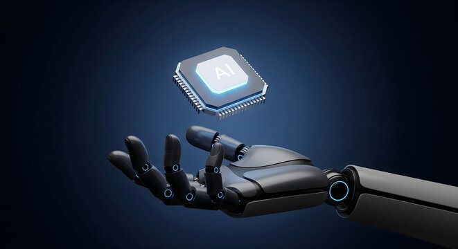 Futuristic robotic hand holding a glowing artificial intelligence microchip on a dark blue background.