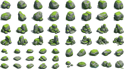 Cartoon Mossy Rock and Stone Asset Collection with Isometric Nature Boulders for Game Environment and Landscape Vector Illustration © Md