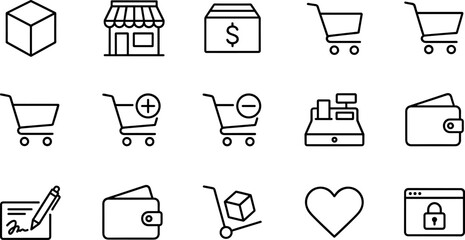 Ecommerce and online shopping icon collection featuring cart wallet store payment security and delivery outline vector symbols © mos