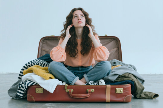 Young adult Caucasian woman sitting in overpacked suitcase, touching hair and looking upward, expressing travel stress and relocation dilemma. Wide shot, ideal for moving or trip planning ads