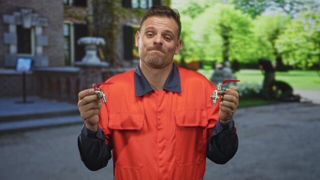 Man plumber in orange uniform holds two taps in his hands and shrugs outside a stone building courtyard; bemusement indecision.