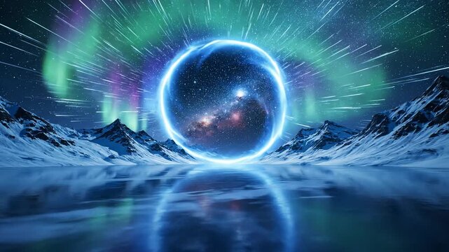Stunning aurora borealis displaying over snow capped mountains and frozen lake