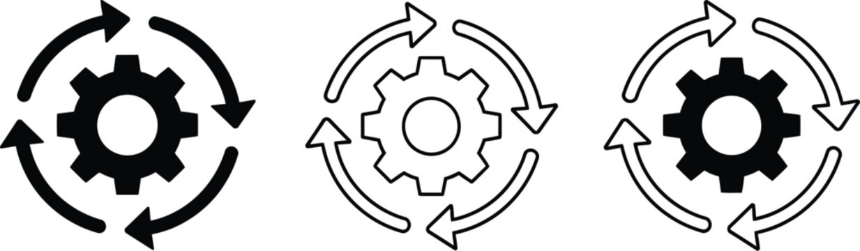 Minimalist gear icon sets with refreshing circular arrows for business process optimization and tech development