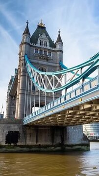 Tower Bridge in London, UK, United Kingdom. Time lapse in vertical video