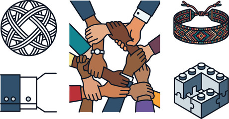 Obraz premium Multicultural Unity and Teamwork Vector Concept Set with Diverse Hands Joined in a Circle, Woven Friendship Bracelet, and Interlocking Puzzle Bricks