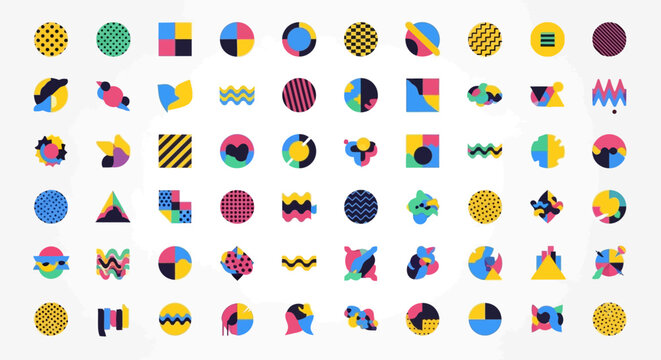 Vibrant Geometric Shapes Icon Set, Abstract Memphis Style Elements