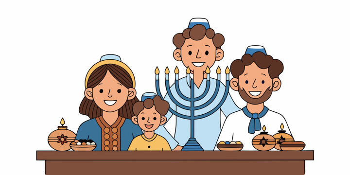 family celebrating hanukkah with menorah dreidels and donuts