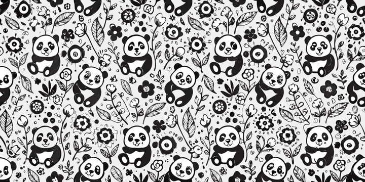 seamless pattern with pandas flowers and leaves in black and white