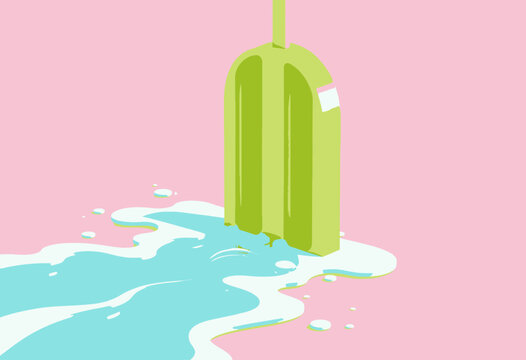 Minimalist Lime Popsicle Melting on Pastel Pink Surface with Blue Puddle