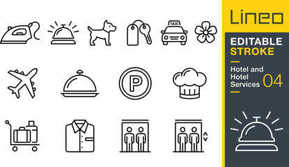 Hotel and Hospitality Service Line Icon Collection Featuring Travel, Accommodation and Guest Facility Symbols with Editable Stroke Design © mos