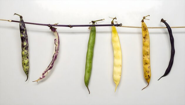 Fresh green and yellow beans hanging on a string in natural light