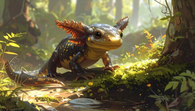 Colorful fire-bellied newt walking on mossy forest floor in golden sunlight