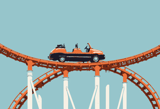 Bright Yellow Convertible on Vibrant Orange Roller Coaster Against Clear Blue Sky