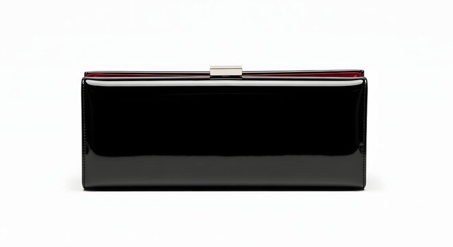Luxury black clutch bag, shiny evening purse, red interior, silver clasp, women's fashion accessory