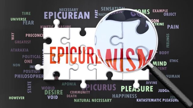 Epicureanism under magnifying glass, being researched, studied and examined. Most important subjects and ideas closely related to epicureanism written around a puzzle.Can be looped.