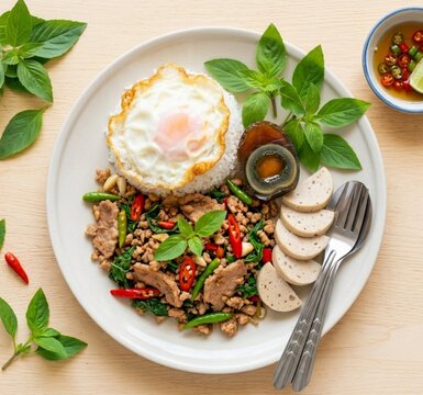 Spicy Thai basil minced pork served over rice, topped with a fried egg, century egg, and sliced Vietnamese pork sausage, authentic street food.
