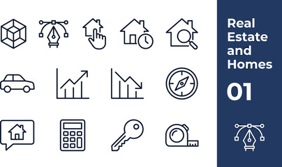Real Estate and Homes Line Icon Collection Featuring Property Search Investment Analytics and Smart Housing Service Symbols Design © mos