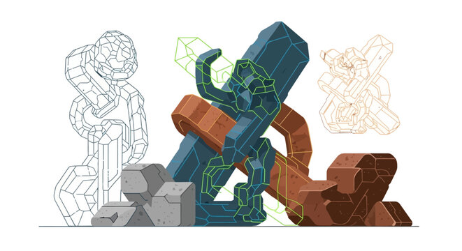 3D Wireframe Model Rendering and Final Render of Abstract Sculpture