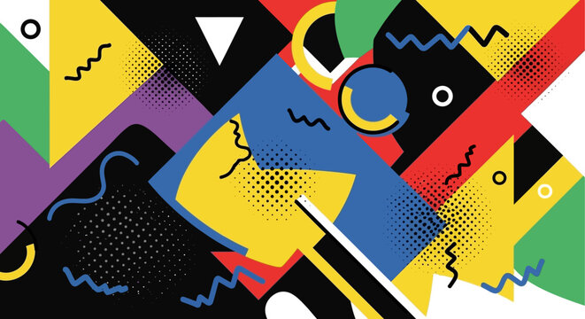 Retro Memphis Style Geometric Pattern Background Yellow Blue Purple Black