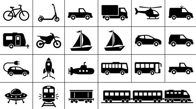 Transportation and Vehicle Icon Collection Featuring Bicycle Train Bus Truck Aircraft and Marine Transport Symbols for Modern Design