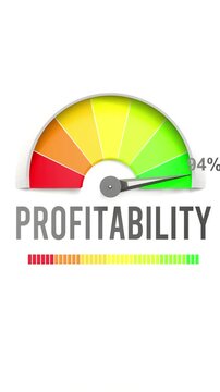 Profitability meter showing high values of profitability. Increasing and rising profitability, reaching full, off the charts. Maximum amount of profitability. No AI, made by humans for humans.