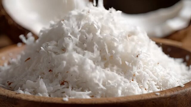 Close up of freshly grated coconut in a wooden bowl with coconut halves in the background.