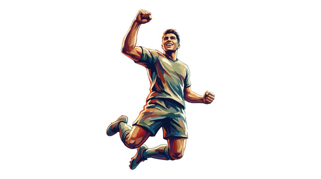 Painterly vector illustration of a male soccer player jumping in mid-air with a raised fist celebrating a goal victory, isolated on a white background from a low angle view.