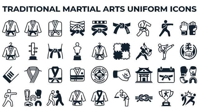Traditional martial arts uniform icons, karate gi and judo dobok vector set, combat sports equipment and black belt rank symbols for dojo training