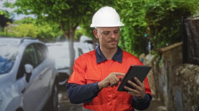 Man builder in hardhat and orange uniform points finger to tablet on street checking plans; focus safety.