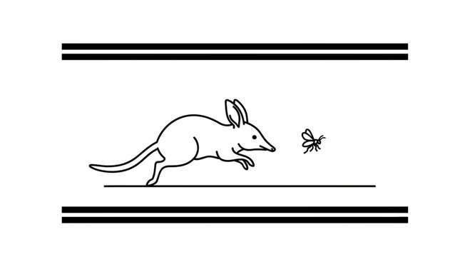 Cute cartoon bilby chasing a fly, minimalist black and white illustration, Australian native animal concept