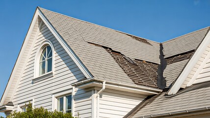 Obraz premium Damaged house roof with missing shingles showing repair and maintenance concept under clear sky 
