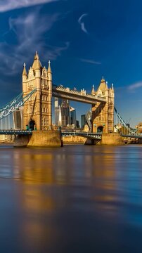 Tower Bridge in London, UK, United Kingdom. Time lapse in vertical video