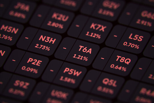 Close-up of a digital stock market screen showing red tickers and negative percentages. Concept of financial crisis, bear market, economic recession, and investment loss.