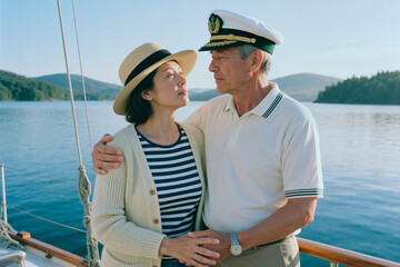 Fototapeta premium Senior couple embracing on sailboat, enjoying leisure travel on lake and expressing lasting relationship, retirement lifestyle and togetherness. Mid shot for tourism marketing