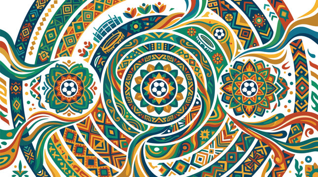 Vibrant vector illustration featuring traditional North American and Mexican cultural patterns, soccer ball icons, and colorful geometric abstract shapes for a global sports event.