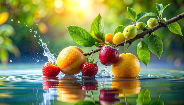 Fresh summer fruits splashing water