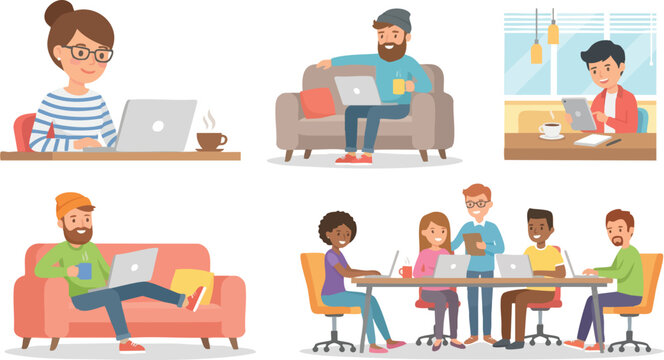 Freelancers working remotely with laptops set against home and office settings