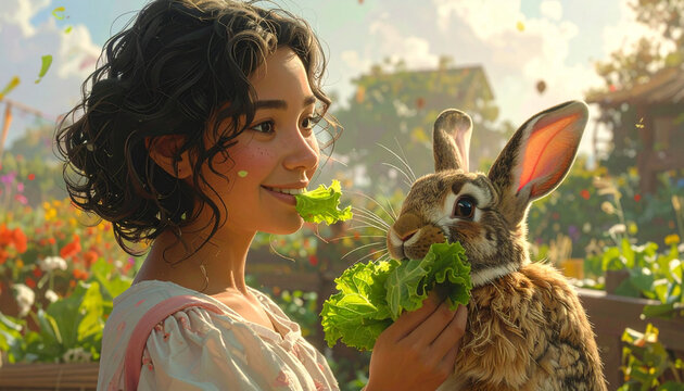 Girl sharing lettuce with rabbit