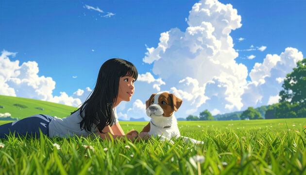 Girl and puppy under clouds.