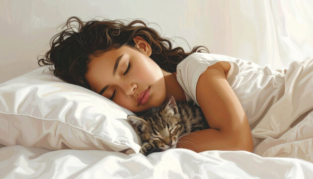 Young girl sleeping with kitten