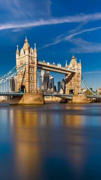Tower Bridge in London, UK, United Kingdom. Time lapse in vertical video