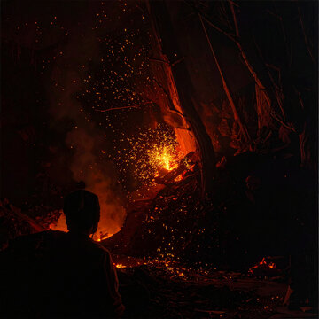 Man observing glowing fiery eruption