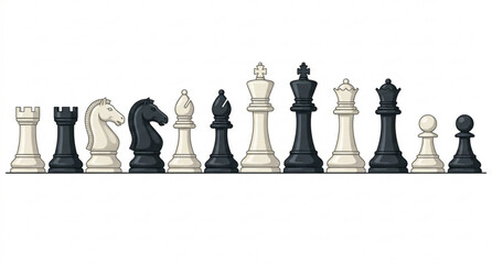 Elegant Realistic Chess Pieces Row Vector with Black and White King Queen Knight and Pawn © Imran