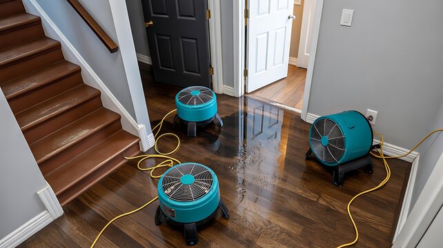  Water damage restoration equipment drying hardwood floor inside modern residential home interior