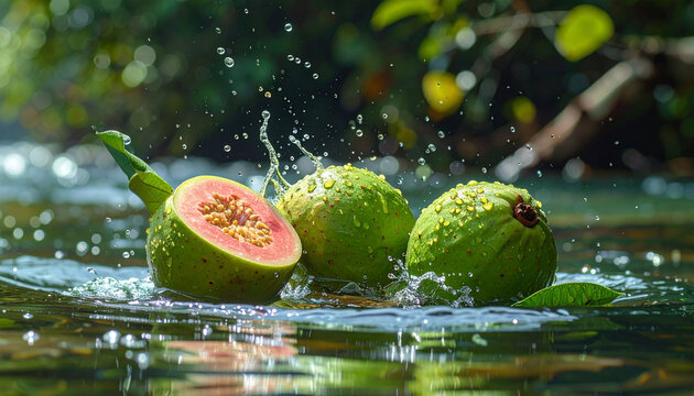 Fresh Guava Splashing In Water