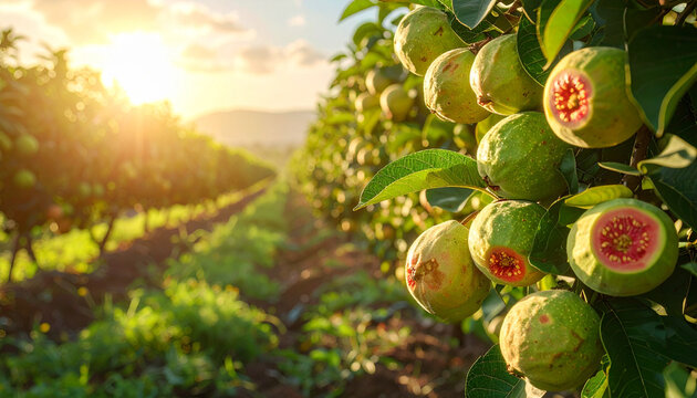 Fresh green guavas at sunset.