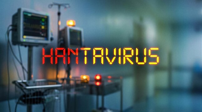 Hantavirus word overlay on medical monitor in hospital room. Alert concept for outbreak prevention. Scientific research of infectious disease and epidemic health warning system.