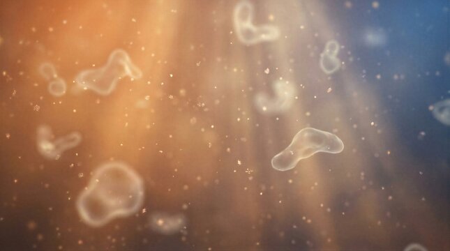 Microscopic view of virus particles floating in laboratory environment. Pathogen spreading under microscope. Conceptual medical research of infectious disease and epidemic outbreak.