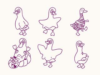 Halloween silly goose ghost doodles in line art style, featuring funny ducks in spooky ghost and mummy costumes. © Illustartathome