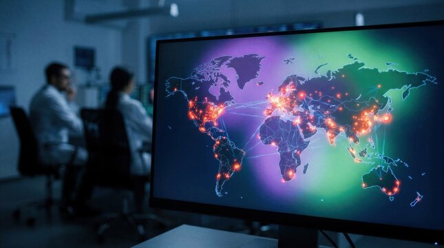 Scientist man and scientist woman monitoring global virus spread on computer screen. Interactive digital map with infection hotspots. Research center analyzing disease outbreak worldwide.
